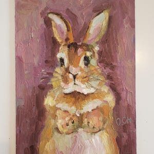 Origineel schilderij konijn dier 6 x 8 inch olieverfschilderij