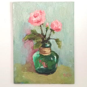 Róże w szklanej butelce.. Kwiatowy obraz olejny 6 na 8'' Oryginalna sztuka Impasto Kwiaty Półabstrakcyjny obraz