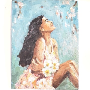 Ambiente primaveral. Mujer con narciso. Pintura al óleo, pintura figurativa, rostro femenino, retrato, arte original, retrato de mujer, 15 x 20 cm.