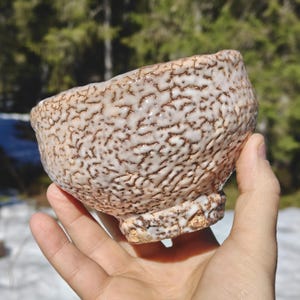 May include: A handmade ceramic bowl with a textured surface and a unique glaze. The bowl features a light brown base with a white and brown crackle pattern. The bowl is held in a hand, showcasing its size and shape. The background is blurred, with trees and snow visible.