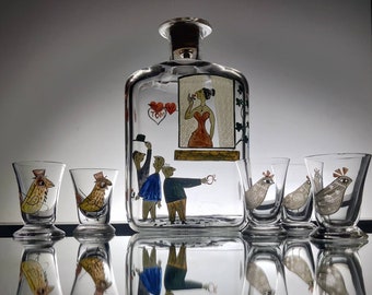 Tapio Wirkkala Iittala art glass bottle and glasses made in Finland 1940s
