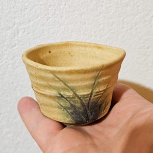 May include: A small, handmade ceramic cup with a textured, beige exterior. The cup features a dark green and black painted design of tall grass. The cup is held in a hand.