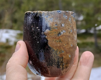 Koichiro Isezaki zwarte Bizen-sakebeker, Japans eigentijds studioaardewerk