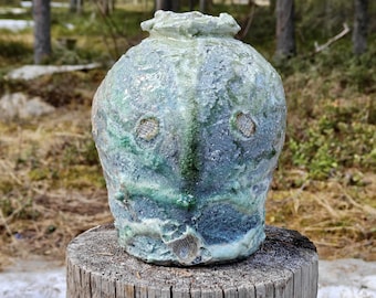 希少 四代目谷清右衛門(1913年～?) 信楽うずく丸花瓶 天然灰釉せっ器