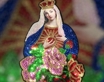 Sacred Heart Virgin Mary Sequin Applique - Virgen del Sagrado Corazon en Lentejuela 8"X5.5" Mother Mary Sacred Heart