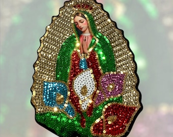 Our Lady of Guadalupe Sequin Applique La Virgen de Guadalupe en Lentejuela 8.5"X5.75" Virgin of Guadalupe with Calla Lily Flowers