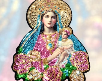 Virgin Mary and Baby Jesus Sequin Applique Virgen Maria y Bebe Jesus en Lentejuela 8"X6" Mother Mary and Child Image