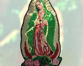 Our Lady of Guadalupe Sequin Applique La Virgen de Guadalupe en Lentejuela 8.5"X4.5" Virgin of Guadalupe with Flowers