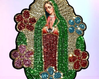 Our Lady of Guadalupe Sequin Applique La Virgen de Guadalupe en Lentejuela 9"X6.5" Virgin of Guadalupe with Flowers