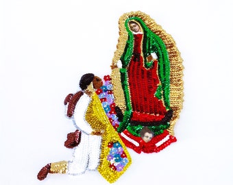 Nuestra Señora de Guadalupe y Juan Diego Sew-On Sequin Applique La Virgen de Guadalupe y Juan Diego en Lentejuela 16"X9" Virgen de Guadalupe