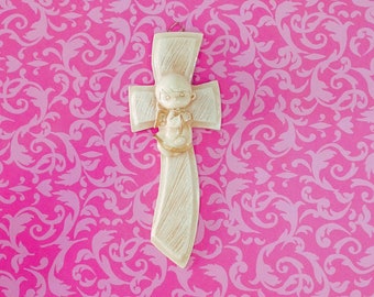 Angel Hanging Cross Ornament 7"X3 5/8" | Christening Gift Plaster Figure | Pasta Ceramica | Baptism Gifts Favors Presents