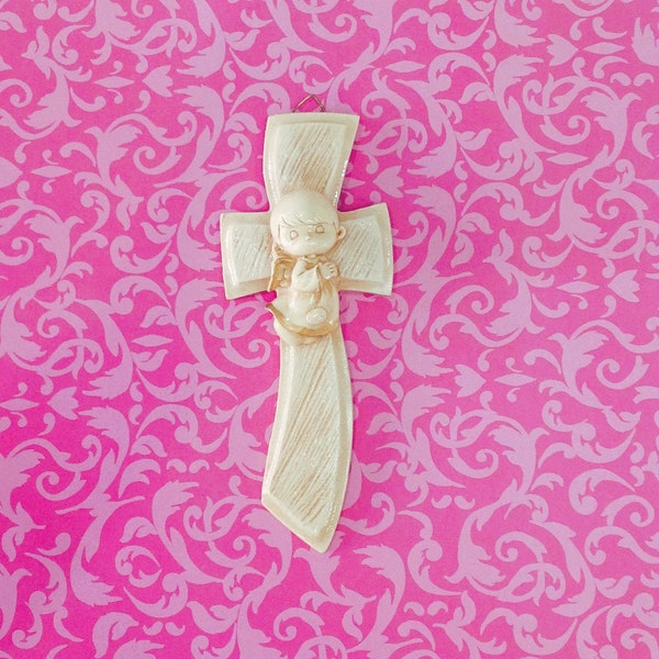 Angel Hanging Cross Ornament 7"X3 5/8" | Christening Gift Plaster Figure | Pasta Ceramica | Baptism Gifts Favors Presents
