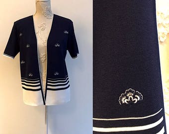 Zomer Navy Blue Cardigan korte mouwen shirt 1970s vintage witte strepen jas geborduurd ornamenten rechte gesneden vest maat medium