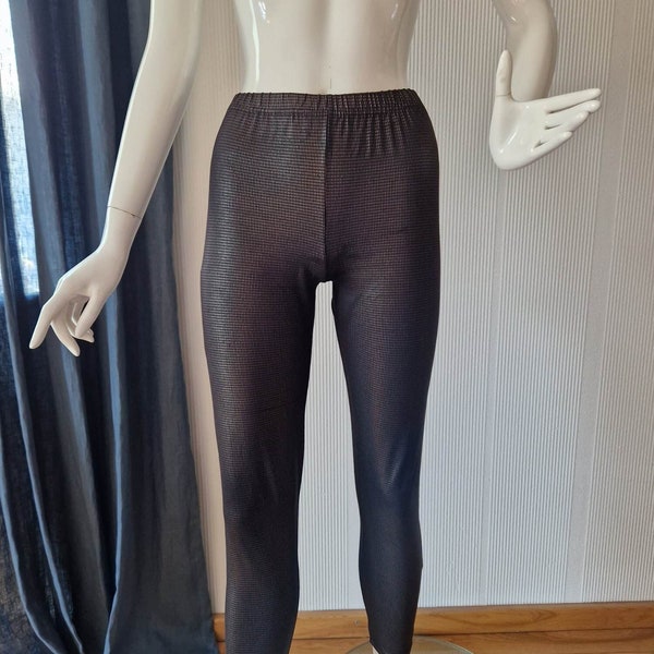 Women's 1980's Vintage Black Gold Shiny Leggings Disco Party Everyday Trousers Elastic Pants Casual Grunge High Waist Fitted Skinny Size M
