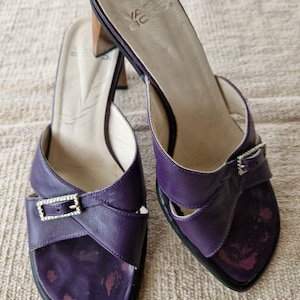 Y2K Vagabond Purple Leather Vintage Mules Sandals Cut Out Open Hight Heels with buckle Women&#39;s Shoes Summer Heel height 7 cm size 39 EU