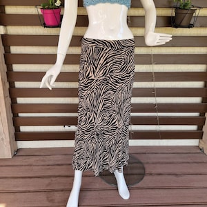 Y2K Flared Black Beige Midi Skirt Vintage A line Animal Print Zebra Light Viscose Elastic Waist Summer Fashion Trendy Everyday Casual M/L