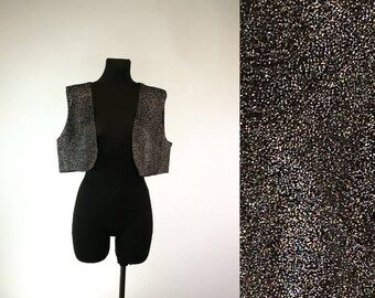 Women's 1990's Vest, Black Silver Shiny Vest, Cropped Waistcoat, Vintage Sexy Vest, Short Vest, Alternative Vest, Festival Wear, Medium Size