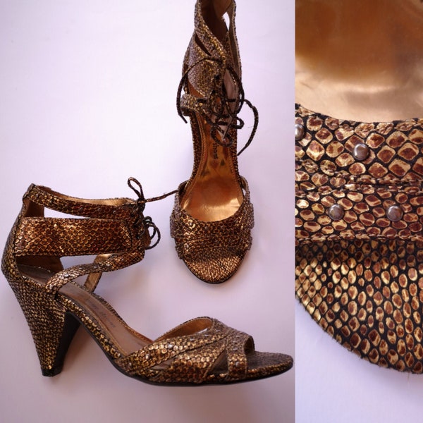1990's Women's Studs Snake Skin Prints Leather Imitation Brown Gold Sandals Cut Out Open Toe Cap High Heels Shoes Summer 9 cm size 6 /39 EU
