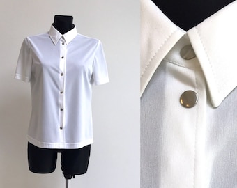 White Women's Blouse LightWeight Secretary's Push Button up Blouse Short Sleeves Men's Style Shirt Back To School Schoolgirl Blouse Size M