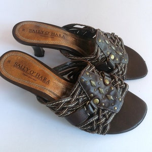 1990&#39;s Sally O&#39; Hara Woven Studs Leather Brown Flat Mules Sandals Cut Out Open Kitten Heels Women&#39;s Shoes Summer Heel height 6 cm size 36 EU