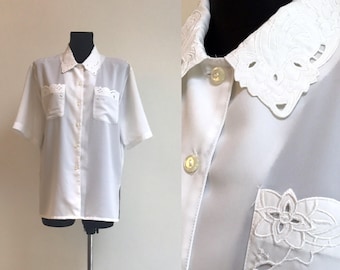 White Women's Blouse 1990s Summer Secretary's Button up Blouse Embroidered Short Sleeves Casual Office White Shirt Back To School Blouse  M