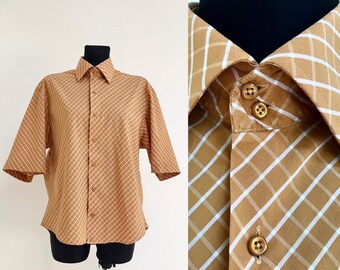 Men's Summer Shirt Short Sleeve Mens Top Vintage 80s Brown White Checkered Shirt Button up Hipster Chemise Fitted Shirt L Size