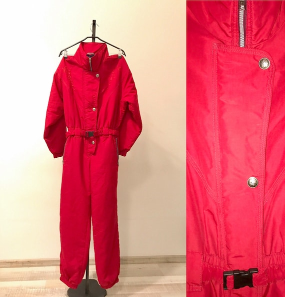 1980s Vintage One Piece Ski Suit, Hipster Red Snow