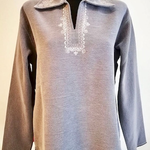1980s Gray Pullover Shirt Womens Embroidered Tunic Blouse Long Sleeve Top Gipsy Boho Size Large