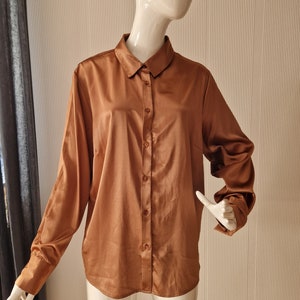 Y2K Shinny Glossy Brown Bronze Blouse Everyday Secretary Teacher Minimalist Shirt Button up Long Sleeves Collared Straight Cut Party Size XL