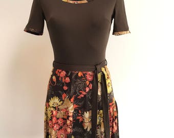 1990s Floral Abstract Autumnal Print Dress Vintage Midi Summer Brown Elastic Bell Dress Hippie Festival Sleeveless Dirndl Dress Medium