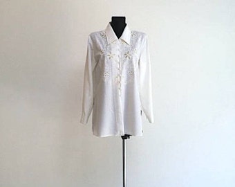 White Blouse Cotton Secretary's Pearl Button up Blouse Long Sleeves Casual Golden Flower Pattern Cotton Shirt Back To School Blouse Size M
