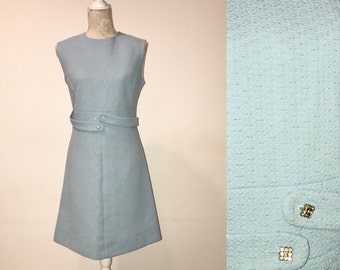 1960's Vintage Crimplene Elegant Dress Pastel Blue Shiny Glossy Wiggle A silhouette Sleeveless Slim Fit Fitting Mini Cocktail Party Size S/M