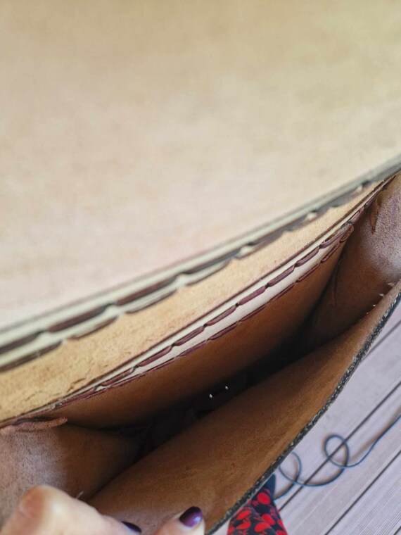 Vintage Real Leather Brown Green Shoulder Bag Fol… - image 9