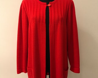 1980's Vintage Bright Red Cardigan Sweater Knit Jumper Pullover Winter Jacket Size Medium Retro Red One Button Blouse Size Medium