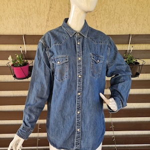 Y2K Wrangler Camicia di jeans classica da uomo Blu Jeans alla moda Western Cowboy Cotone Maniche lunghe Country Casual Everyday Push Button up Taglia XL