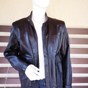 1980er Jahre Herren Vintage Schwarz Echt Leder Jacke Blazer Hemd Parka Bomber Hoher Kragen Hipster Jacke Frühling Herbst Casual Alltag Größe S / M