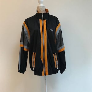 1990&#39;s Vintage Men&#39;s Jacket Sports Jacket Black Gray Yellow Track Jogging Jacket Retro Sport Blazer High Collar Activewear Jacket XL Size