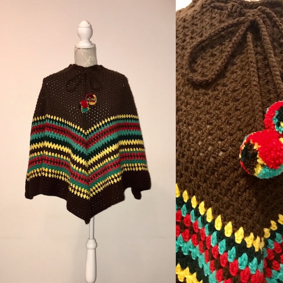 1970s Vintage Crochet Poncho Brown Green Yellow R… - image 1