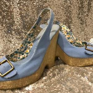 Sandales à plateforme vintage des années 1970, chaussures en tissu bohème bleu clair, compensées en tissu et paille, chaussures d&#39;été pour dames de Style bohème
