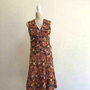 1970er Vintage 2 Stück Anzug Rock Bluse Ärmellos Bunt Blumen Print Floral Frauen Sommer Kostüm Rock Set 2 Stück Handmade Medium