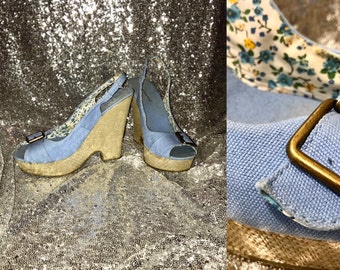 1970s Vintage Platform Sandals, Light Blue Boho Cloth Shoes, Cloth & Straw Wedges,Boho Style Ladies Summer Shoes