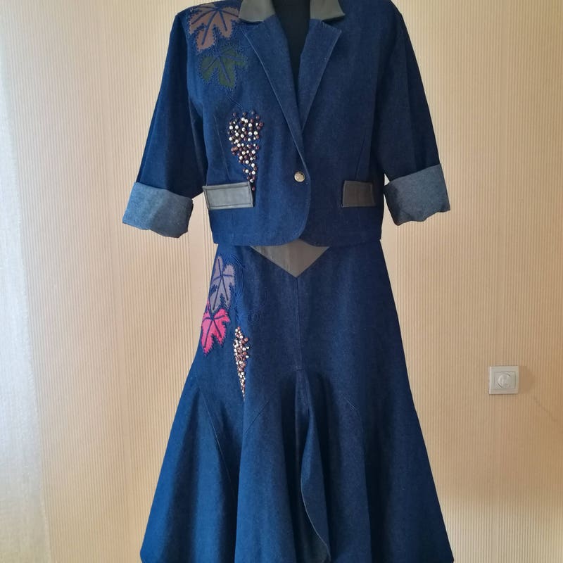 Retro Denim Layered Long  Half Skirt+Shirt Two-Piece Set
