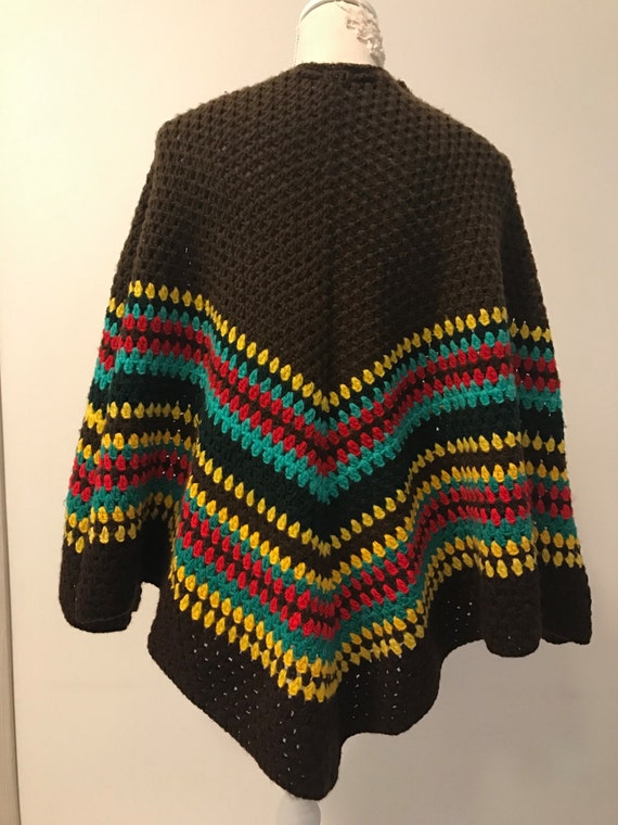 1970s Vintage Crochet Poncho Brown Green Yellow R… - image 3