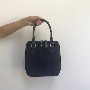 1990s Vintage Women&#39;s Handbag Faux Leather Purse Handbag Dark Blue Indigo Zippered Closure Vegan Leather Clutch Bag Style Made in Italy