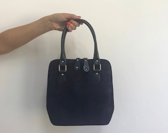 1990s Vintage Women's Handbag Faux Leather Purse Handbag Dark Blue Indigo Zippered Closure Vegan Leather Clutch Bag Style Made in Italy