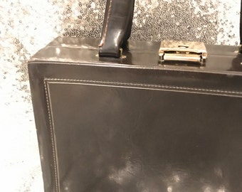 Bolso de mano de los años 60, de piel de color marrón oscuro, para mujer, estilo vintage, tipo maleta rígida