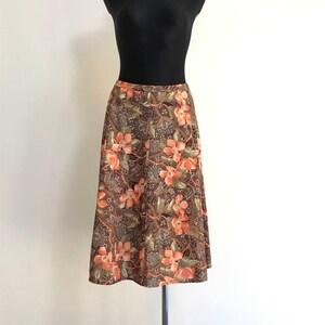 1960s Flared Floral Orange Green Brown Crimplene Skirt, Vintage Boho Skirt, A line Skirt, Hippie Bohemian Skirt, High Waist Polyester Skirt
