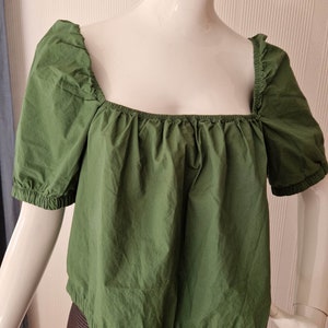 Trendy Green Summer Blouse Light Weight Short Balloon Sleeves Cotton Shirt Boho Bohemian Hippie off the Shoulders Square neckline Top Size L
