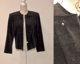 1980s Vintage Black Gray Velvet Cardigan Long Sleeve Velvet Cardigan Womens Evening Cardigan Black Velvet Copped Jacket Velour Cardigan