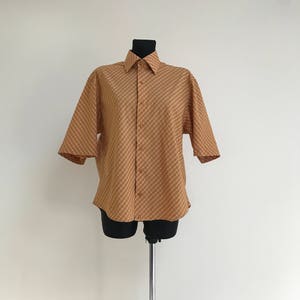 Herren Sommer Shirt Kurzarm Herren Top Vintage 80er Braun Weiß Kariertes Hemd Button up Hipster Chemise tailliertes Hemd L Size
